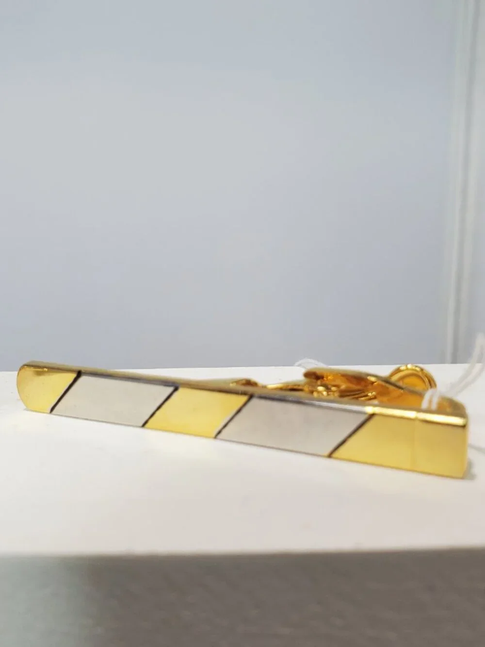 Two-Tone Gold and Silver Diagonal Striped Cufflinks & Tie Clip 3-Piece Set